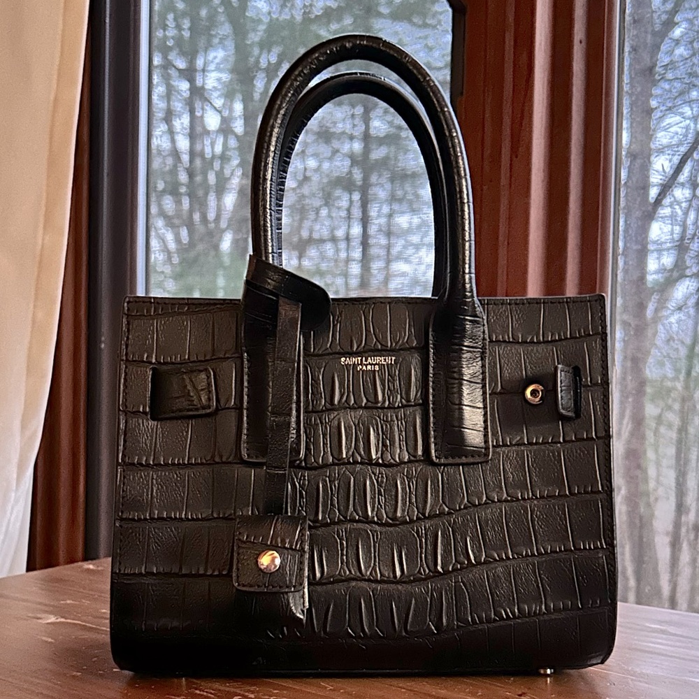 Saint Laurent Black Croc-Embossed Leather Satchel